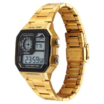 SF Digital Dial Golden Stainless Steel Strap Watch For Unisex