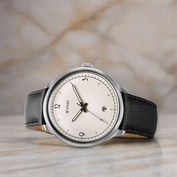 Titan Timeless Treasures Quartz Analog with Date White Dial With Black Color Leather Strap Watch For Men
