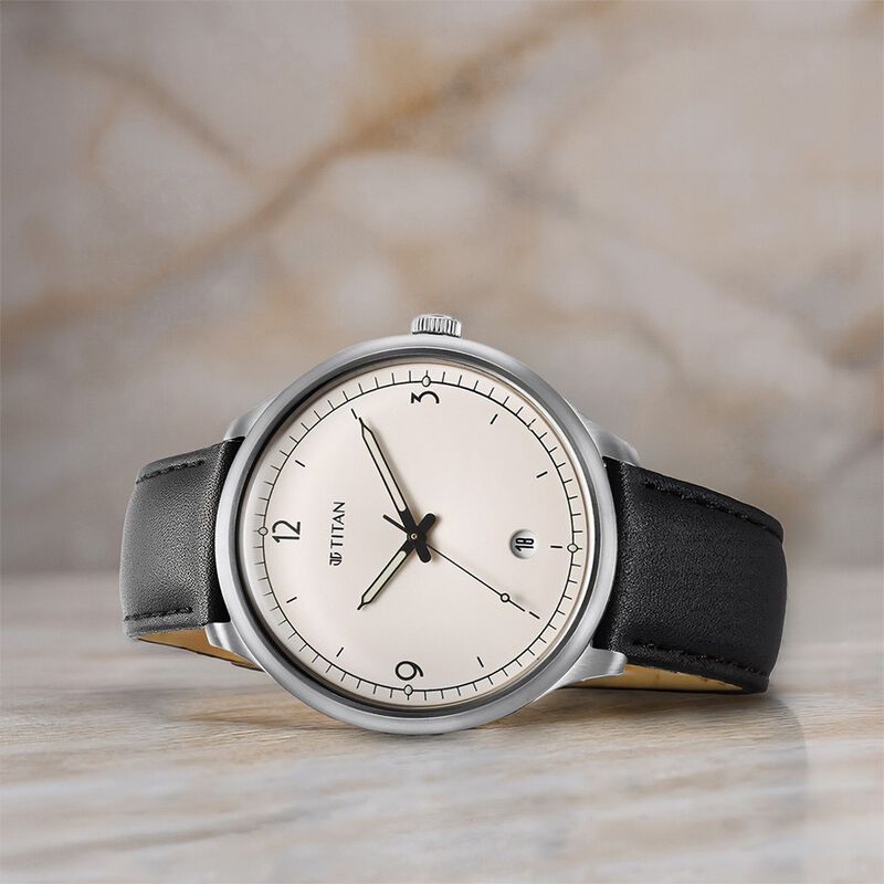 Titan Timeless Treasures Quartz Analog with Date White Dial With Black Color Leather Strap Watch For Men