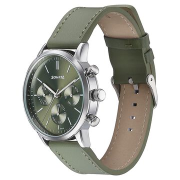 Sonata Quartz Multifunction Green Dial Green Leather Strap Watch For Men