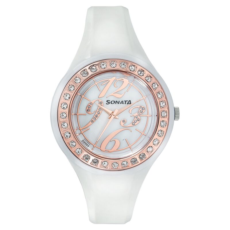 SF Quartz Analog Mother of Pearl Dial Fabric Strap Watch for Women