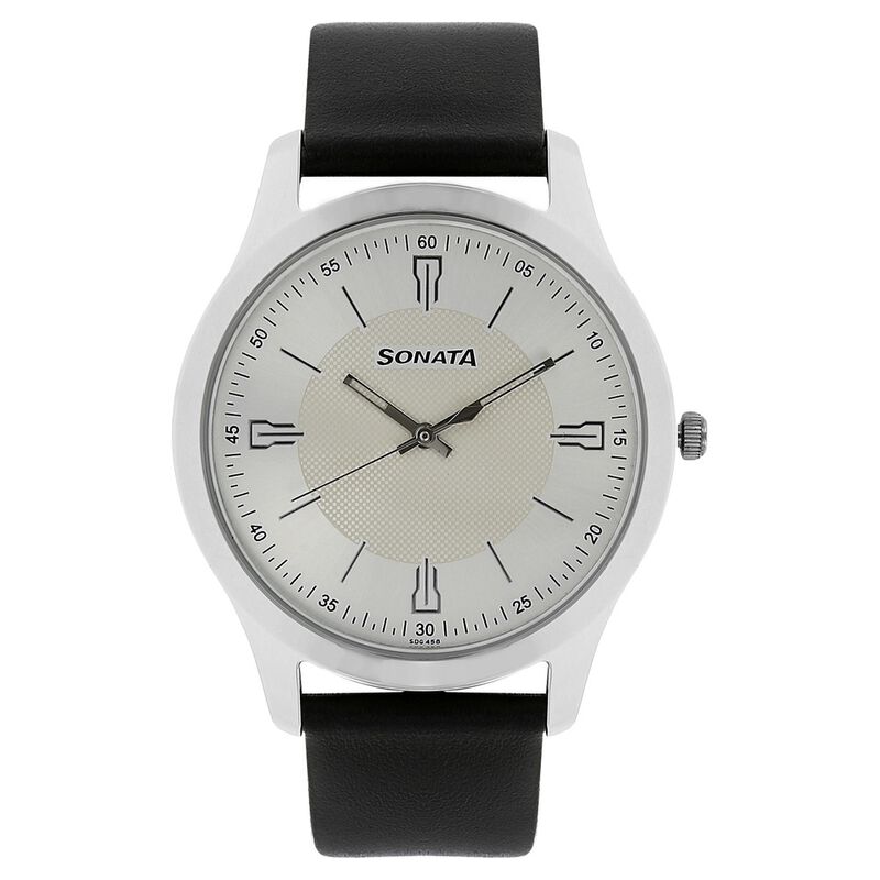 Sonata Quartz Analog Silver Dial Leather Strap Watch for Men