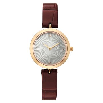 Titan Nebula Lotus 18 KT Gold Quartz Analog Mother Of Pearl Dial Burgundy Leather Strap Watch For Women