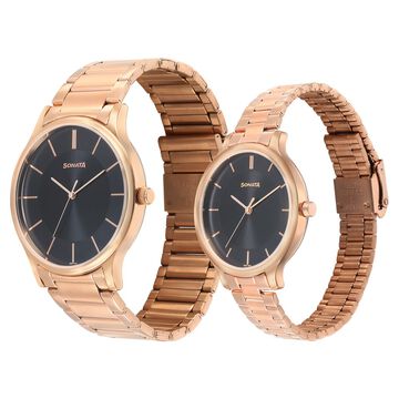 Sonata Pair Quartz Analog Black Dial Stainless Steel Strap Watch for Couple