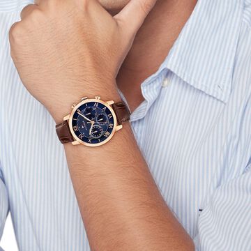 Tommy Hilfiger Quartz Multifunction Blue Dial Brown Leather Strap Watch For Men