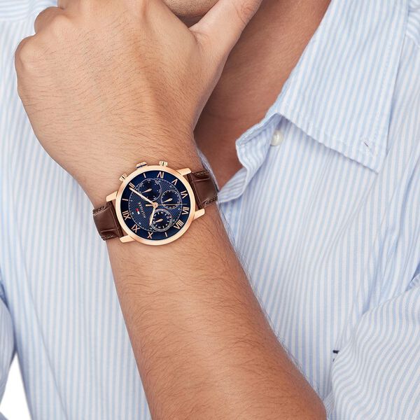 Tommy Hilfiger Quartz Multifunction Blue Dial Brown Leather Strap Watch For Men - image number 3