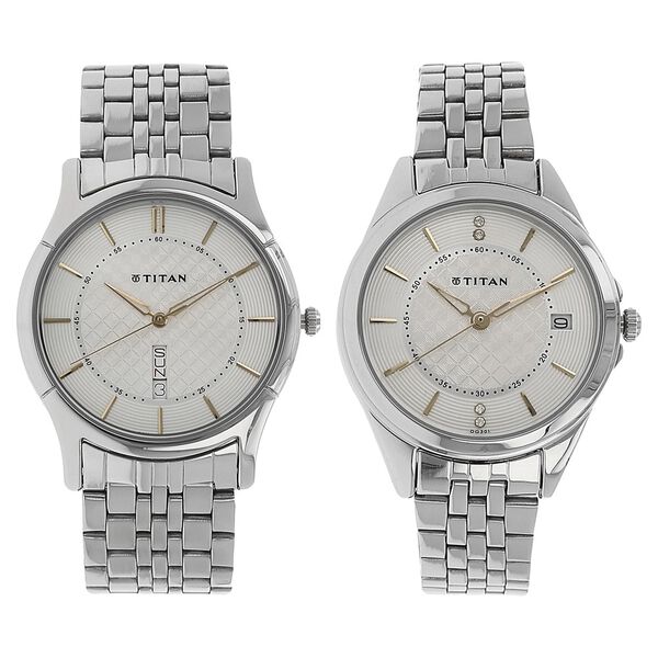 Titan Quartz Analog with Day and Date Silver Dial Stainless Steel Strap Watch for Couple - image number 0