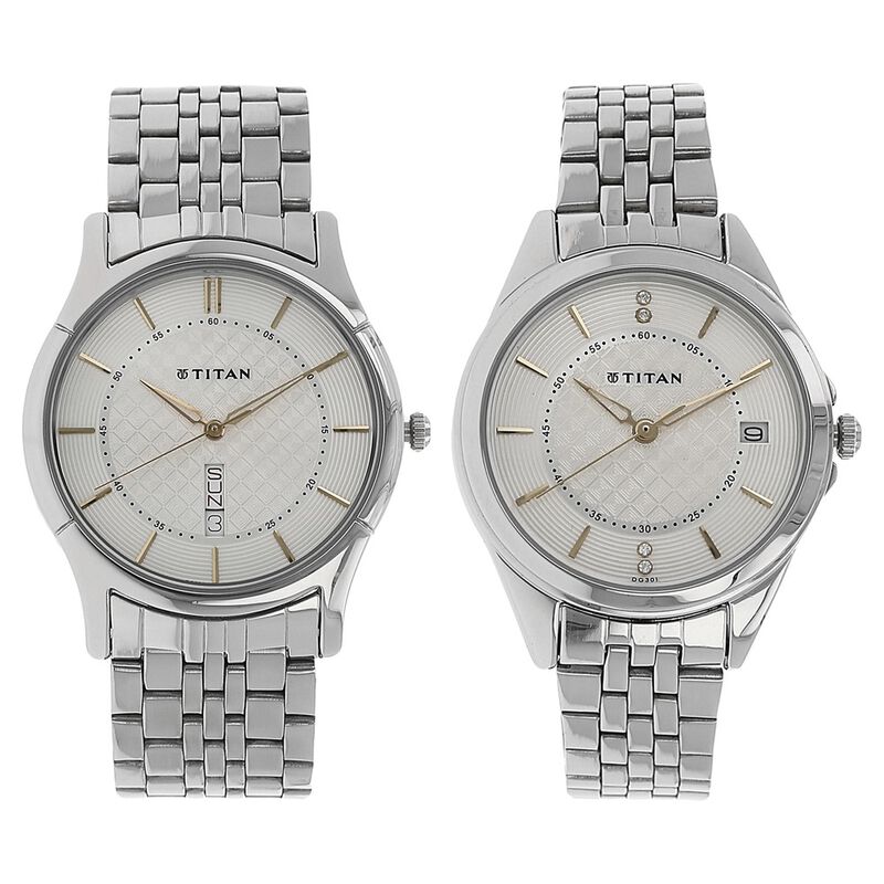 Titan Quartz Analog with Day and Date Silver Dial Stainless Steel Strap Watch for Couple