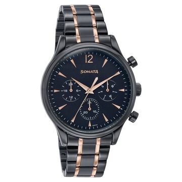 Sonata Wedding Edit Quartz Multifunction Black Dial Stainless Steel Strap Watch For Men