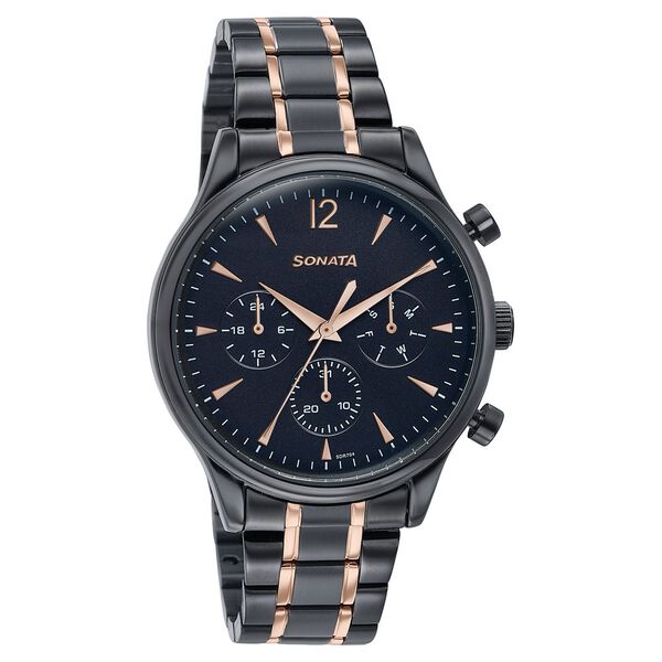 Sonata Wedding Edit Quartz Multifunction Black Dial Stainless Steel Strap Watch For Men - image number 2