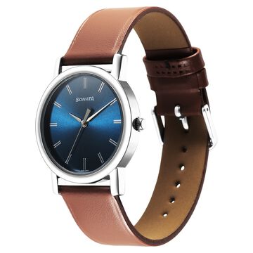 Sonata Classic Quartz Analog Blue Dial Brown Leather Strap Watch for Men