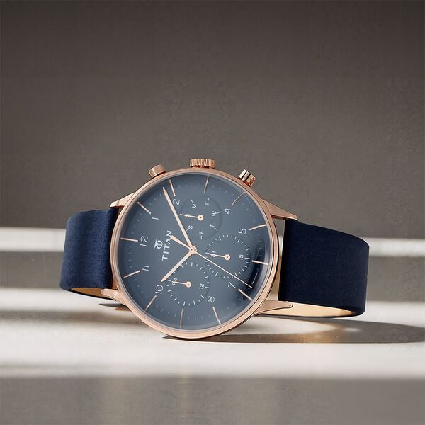 Titan Quartz Multifunction Blue Dial Leather Strap Watch for Men