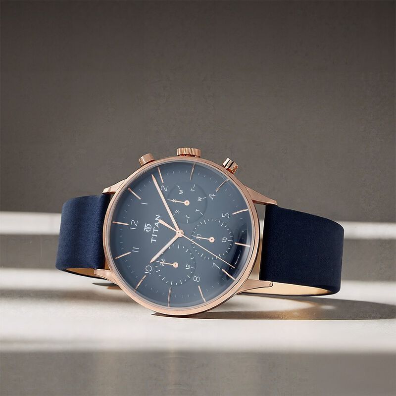 Titan Quartz Multifunction Blue Dial Leather Strap Watch for Men