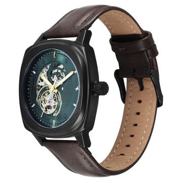 Fastrack Automatics Collection Green Dial Brown Leather Strap Watch For Guys