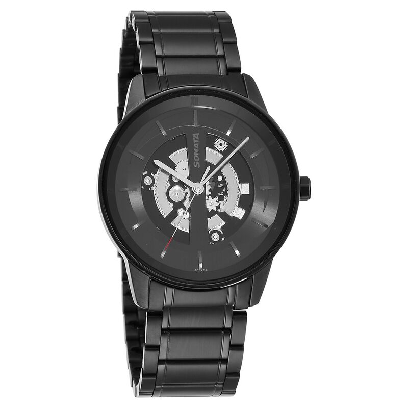 Sonata Unveil Quartz Analog Black Dial Stainless Steel Strap Watch for Men