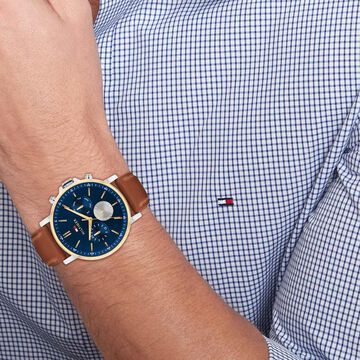 Tommy Hilfiger Quartz Multifunction Blue Dial Brown Leather Strap Watch For Men