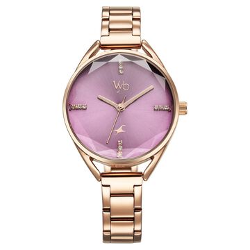 Fastrack Vyb Aurora Quartz Analog Purple Dial Rose Gold Color Metal Strap Watch For Girls