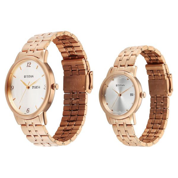 Titan Bandhan Eternal Pair Analog with Date and Silver Dial Rose Gold Stainless Steel Strap Watch for Couples - image number 2