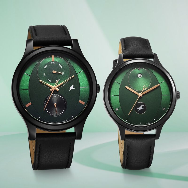 Fastrack Mixmatched Quartz Multifunction Green Dial Black Leather Strap Watch For Couple