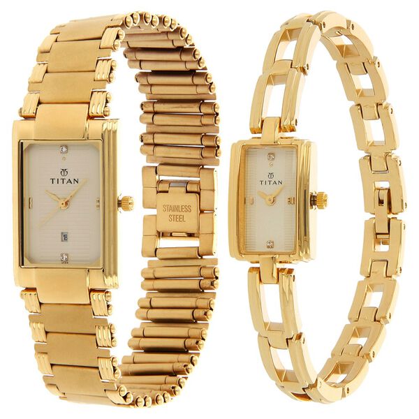 Titan Quartz Analog with Date Champagne Dial Stainless Steel Strap Watch for Couple - image number 1