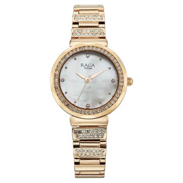 Titan Raga Spotlight Quartz Analog Mother of Pearl Dial Rose Gold Metal Strap Watch For Women