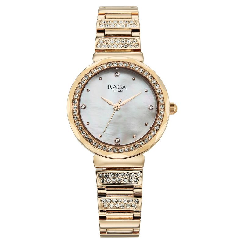 Titan Raga Spotlight Quartz Analog Mother of Pearl Dial Rose Gold Metal Strap Watch For Women