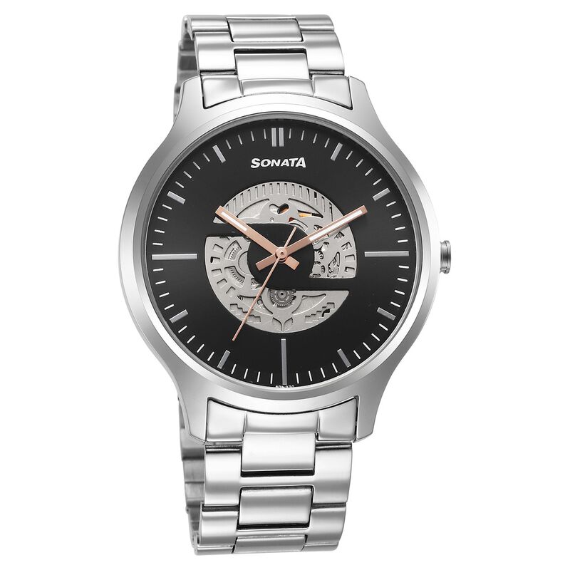 Sonata Unveil Quartz Multifunction Black Dial Stainless Steel Strap Watch for Men