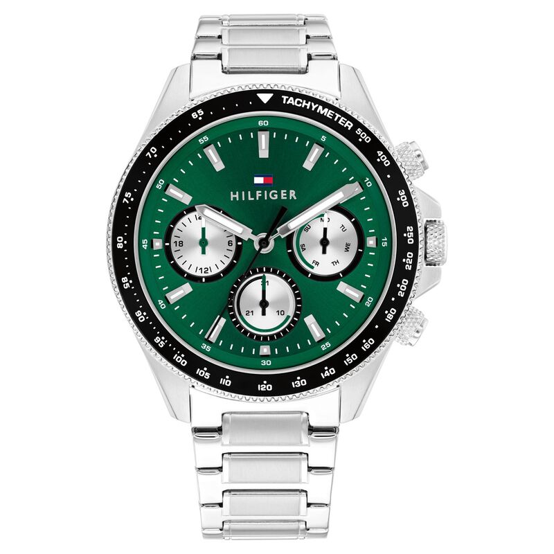 Tommy Hilfiger Quartz Multifunction Green Dial Silver Stainless Steel Strap Watch For Men