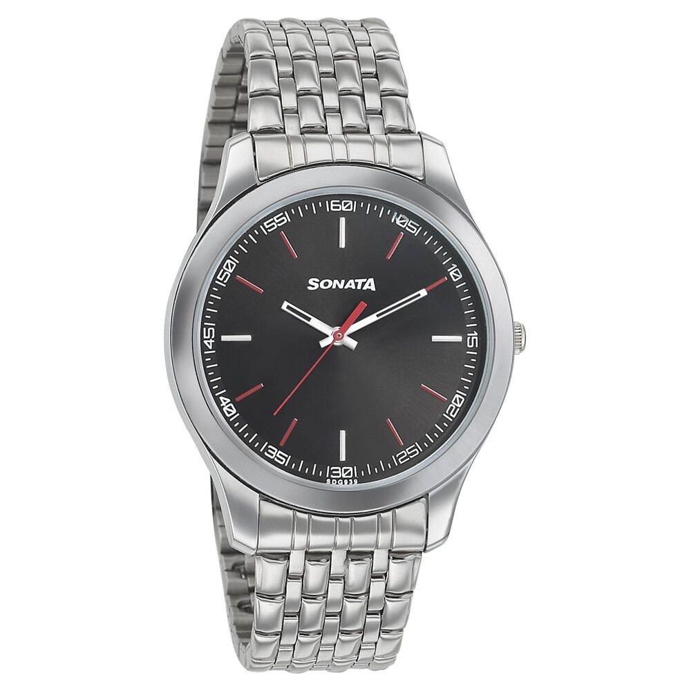 Buy Online Sonata Quartz Analog Black Dial Stainless Steel Strap Watch for Men 77063sm04w Titan