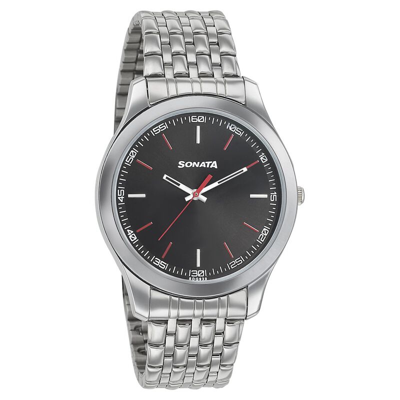 Sonata Quartz Analog Black Dial Stainless Steel Strap Watch for Men