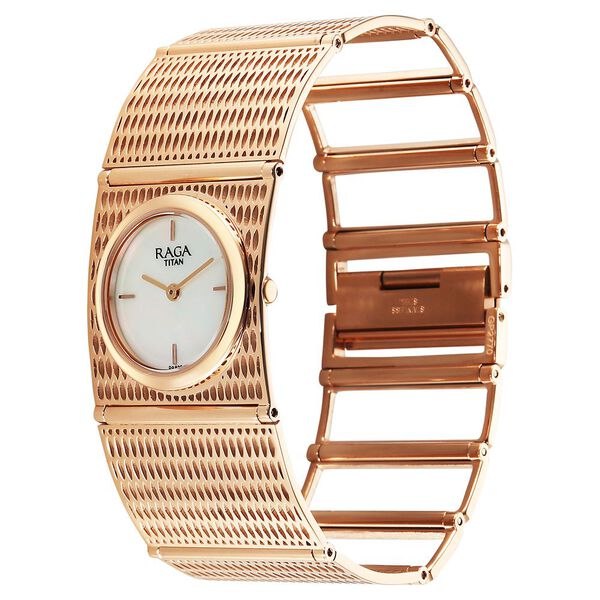 Titan Raga Ethereal Quartz Analog White Mother Of Pearl Dial Rose Gold Stainless Steel Strap Watch For Women - image number 4