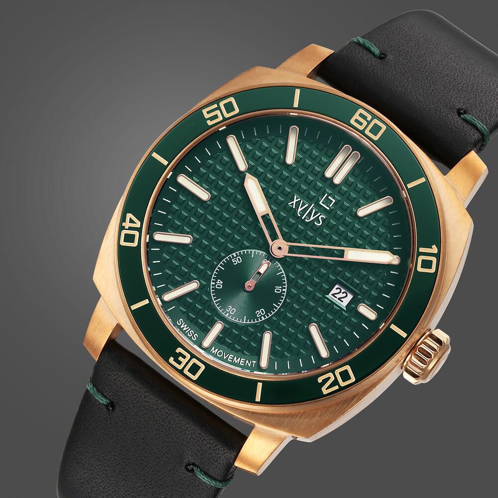 ★18782★ Buy Online Xylys Quartz Analog Green Dial Black Leather Strap