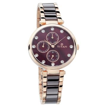 Titan Ceramics Red Dial Quartz Multifunction Stainless Steel and Ceramic Strap watch for Women