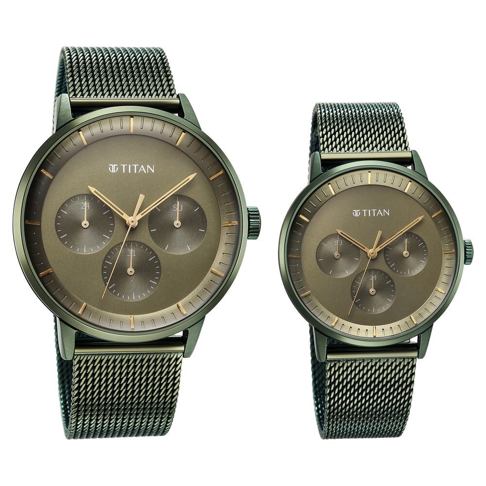 Buy Online Titan Bandhan Green Dial Quartz Multifunction Stainless Steel Strap watch for Couple ns9400694206qm02p Titan