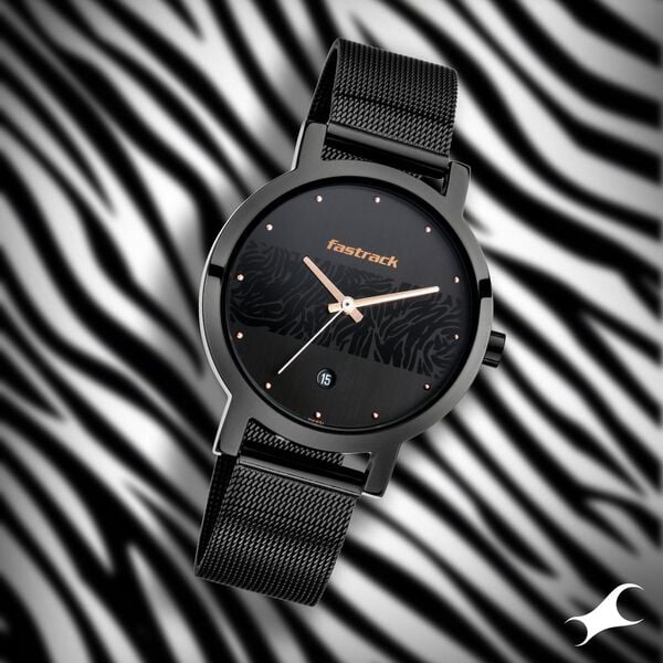 Fastrack Animal Print Quartz Analog with Date Black Dial Stainless Steel Strap Watch for Girls - image number 0