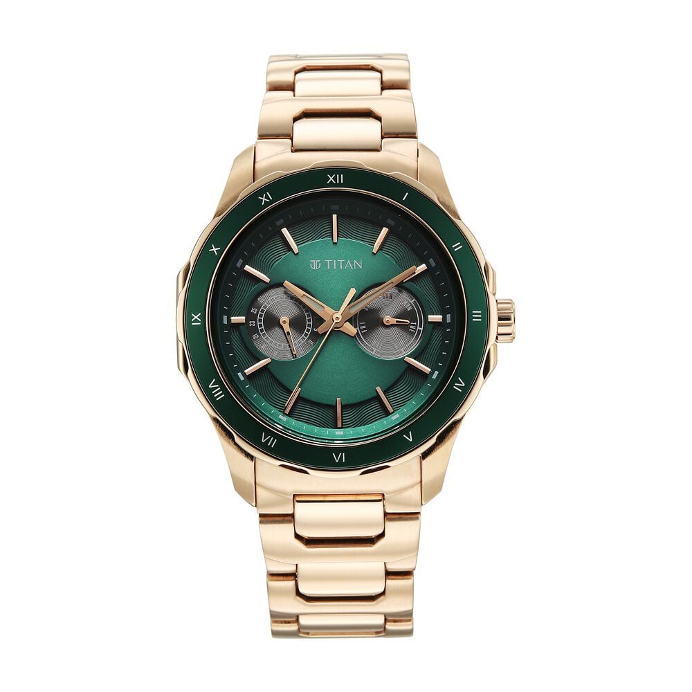 Titan Regalia Opulent Two-Eye Multifunction Green Panda Dial Carnation Leather Strap Watch For Men-image-24