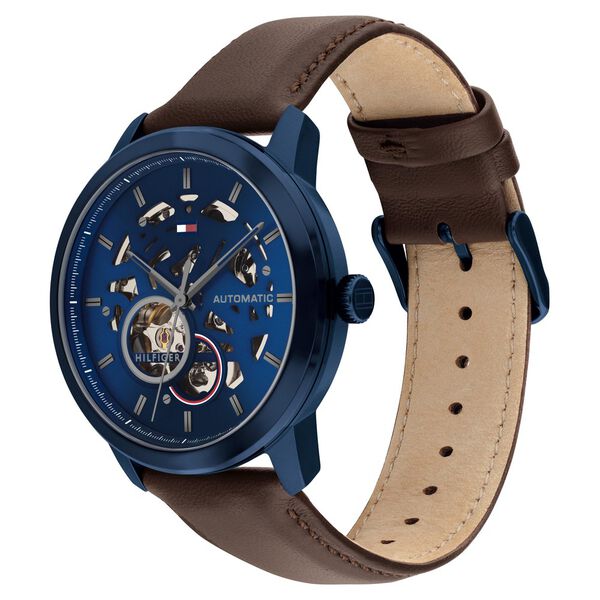 Tommy Hilfiger Automatic Blue Dial Brown Leather Strap Watch For Men - image number 1