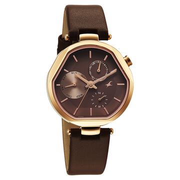 Fastrack Tick Tock Quartz Multifunction Brown Dial Leather Strap Watch For Girls