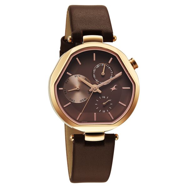 Fastrack Tick Tock Quartz Multifunction Brown Dial Leather Strap Watch For Girls - image number 1