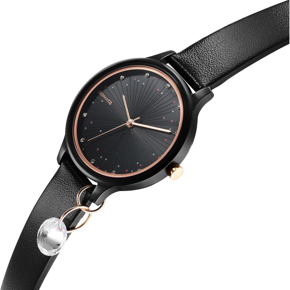 Buy Online Sonata Blush Quartz Analog Black dial Leather Strap
