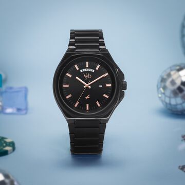 Vyb Orion By Fastrack Quartz Analog Black Dial Metal Strap Watch For Guys