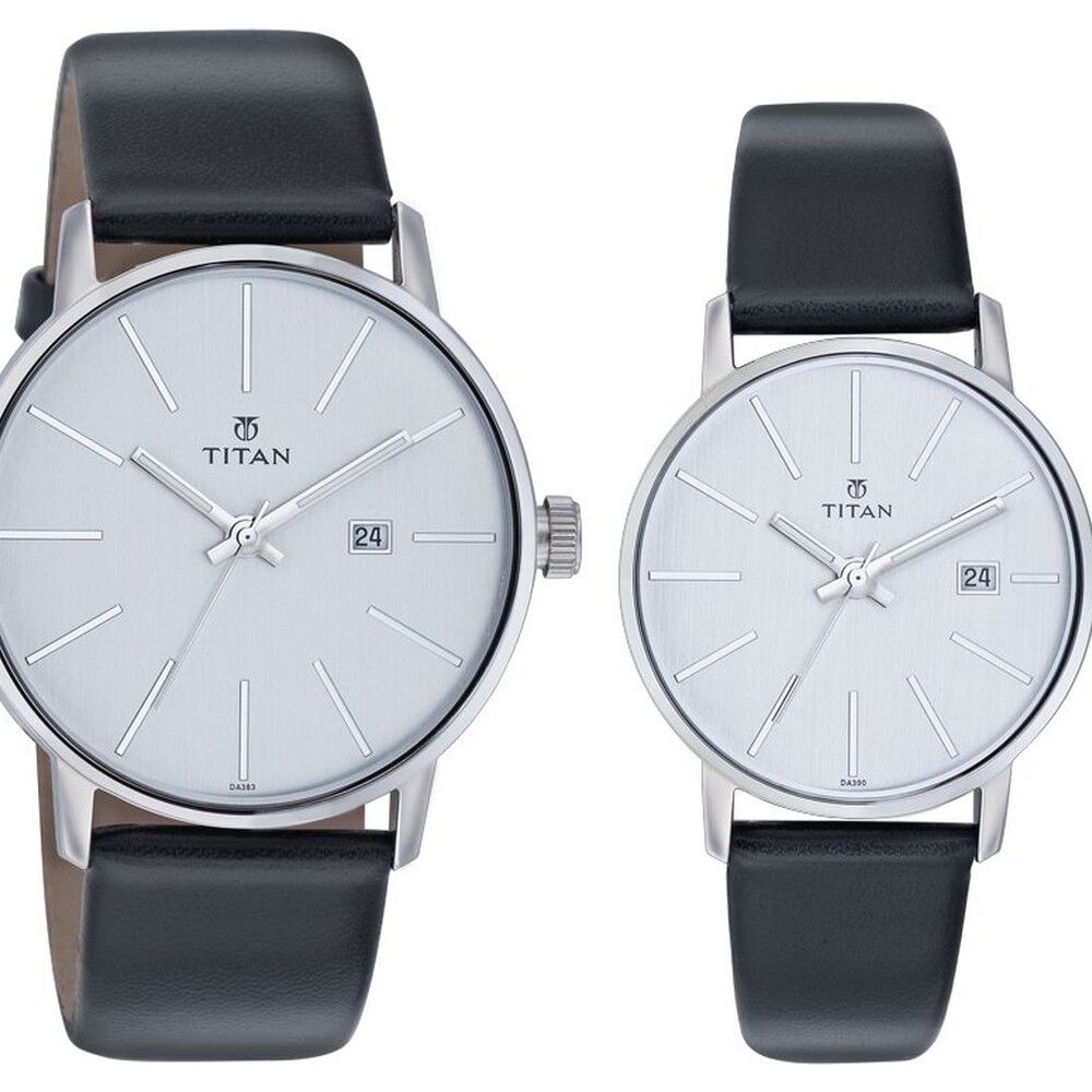 Buy Online Titan Quartz Analog with Date Silver Dial Leather Strap