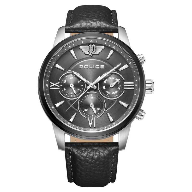 Police Quartz Multifunction Grey Dial Black Leather Strap Watch for Men