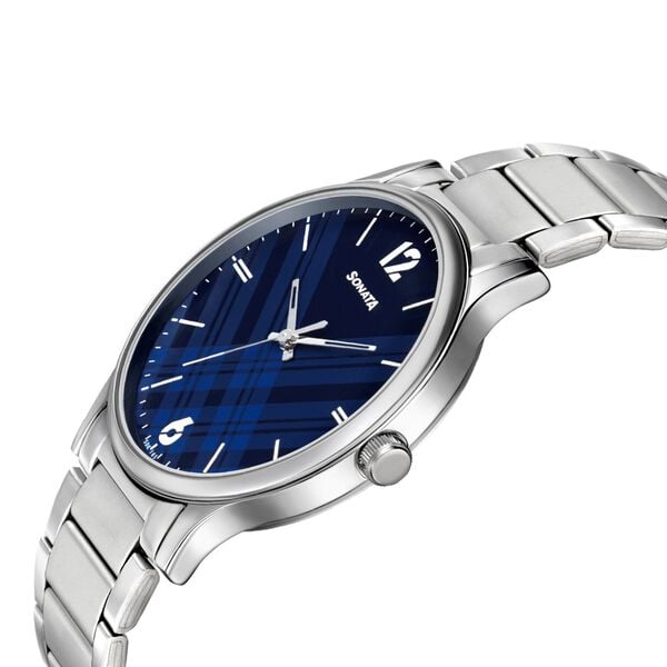 Sonata Smart Plaid Quartz Analog Blue Dial Stainless Steel Strap Watch for Men - image number 2