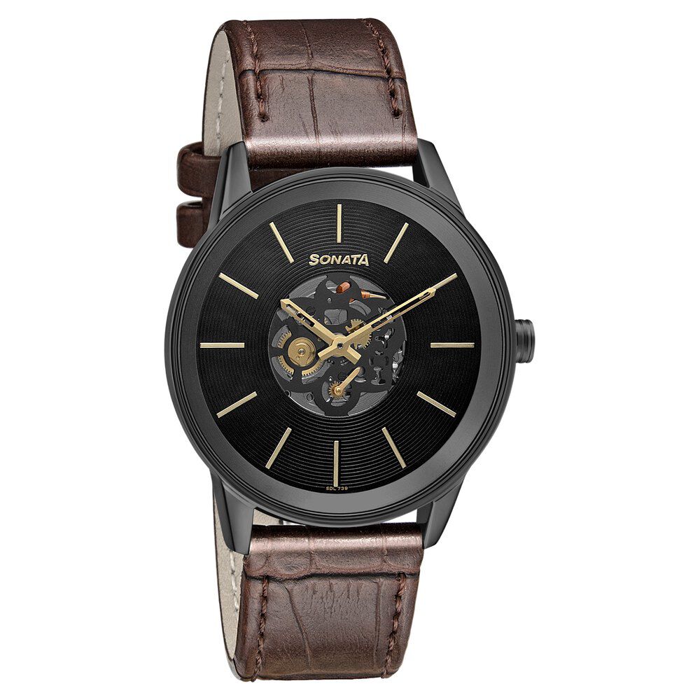 Buy Online Sonata Quartz Multifunction Black Dial Leather Strap Watch for Men nr7133nl02 Titan
