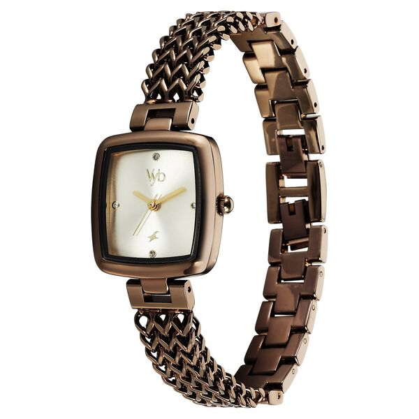 Fastrack Vyb Showstopper Quartz Analog Golden Dial Brown Metal Strap Watch For Girls - image number 3