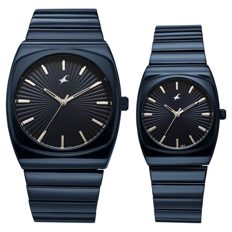 Fastrack Mixmatched Quartz Analog Multicoloured Dial Two Toned Stainless Steel Strap Watch For Couple