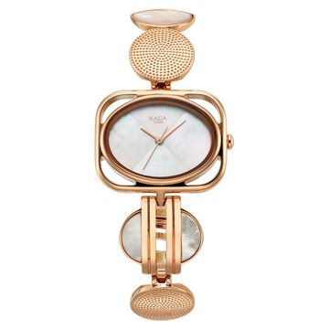 Titan Raga Power Pearls Quartz Analog Mother of Pearl Dial Rose Gold Metal Strap Rectangular Shaped Watch For Women