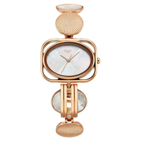 Titan Raga Power Pearls Quartz Analog Mother of Pearl Dial Rose Gold Metal Strap Rectangular Shaped Watch For Women - image number 1