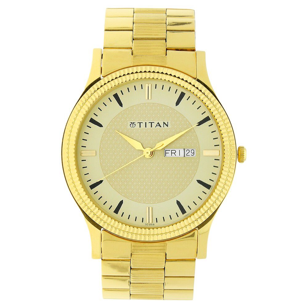Buy Online Titan Quartz Analog with Day and Date Golden Dial Stainless Steel Strap Watch for Men ns1650ym04 Titan